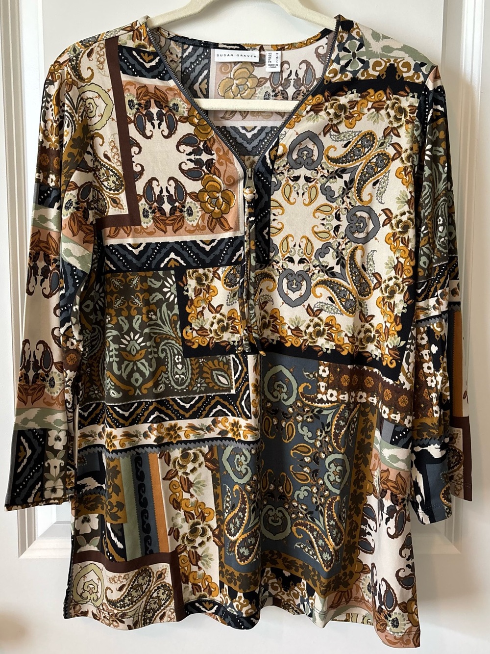 Susan Graver Patchwork Paisley Zip Neck Tunic Top Long Sleeve Size M NEW